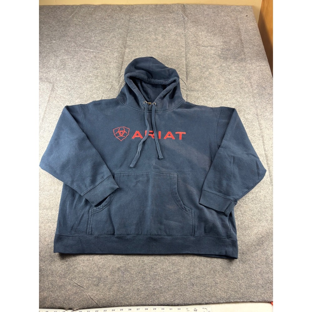 Ariat Men XL Navy Blue Red Embroidered Logo Pullover Hoodie Sweatshirt Workear